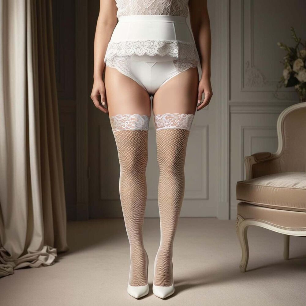 Plus Back Seam Fishnet Thigh Highs Womens Queen White Lace Top Stay Up Hosiery